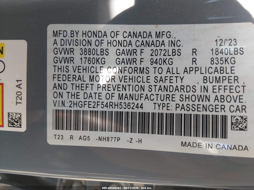 2024 HONDA CIVIC SEDAN 2.0L I-4 DI, DOHC, VVT, 158HP