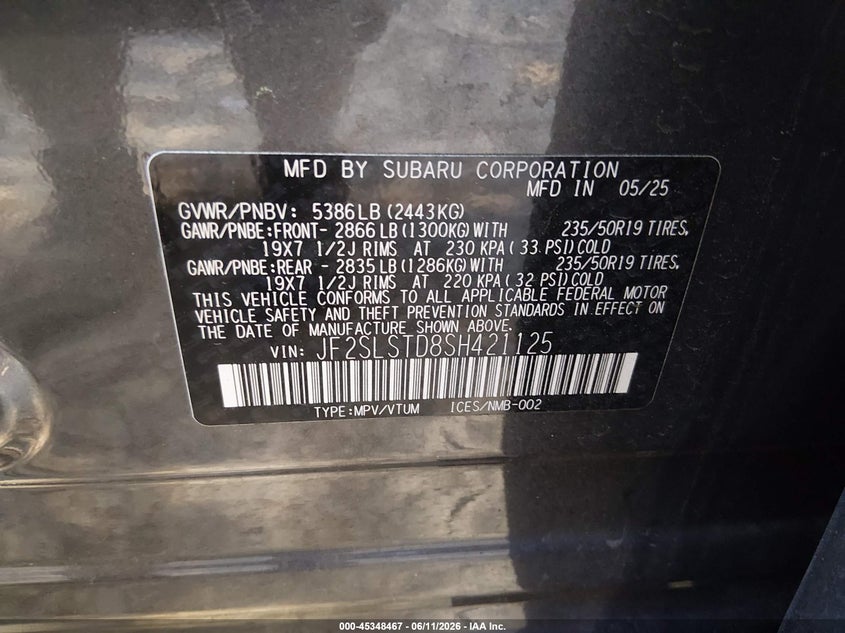 2025 Subaru Forester Touring Hybrid VIN: JF2SLSTD8SH421125 Lot: 45348467