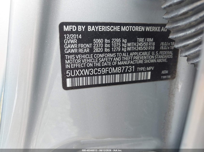 2015 BMW X4 xDrive28I VIN: 5UXXW3C59F0M87731 Lot: 45348513