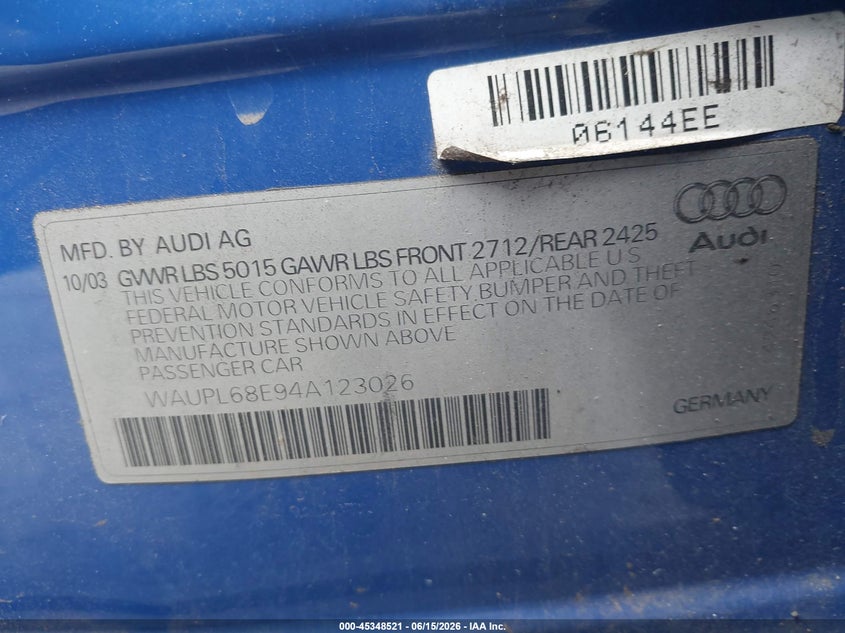 2004 Audi S4 4.2 VIN: WAUPL68E94A123026 Lot: 45348521