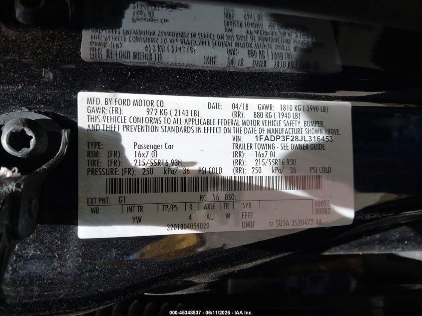 2018 Ford Focus Se VIN: 1FADP3F28JL316453 Lot: 45348537
