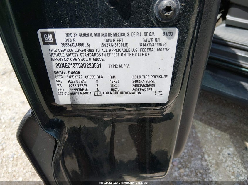 2003 Chevrolet Avalanche 1500 VIN: 3GNEC13T03G220531 Lot: 45348543