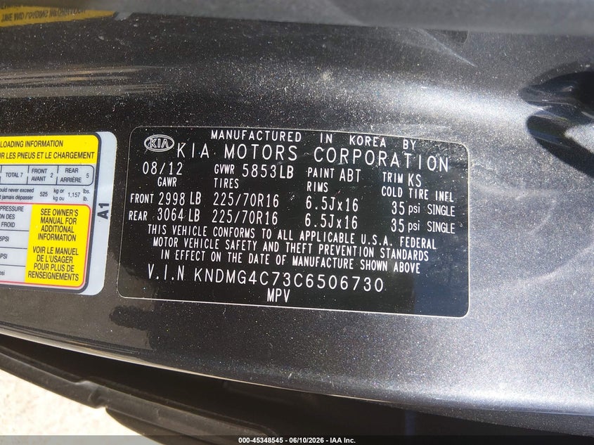 2012 Kia Sedona Lx VIN: KNDMG4C73C6506730 Lot: 45348545
