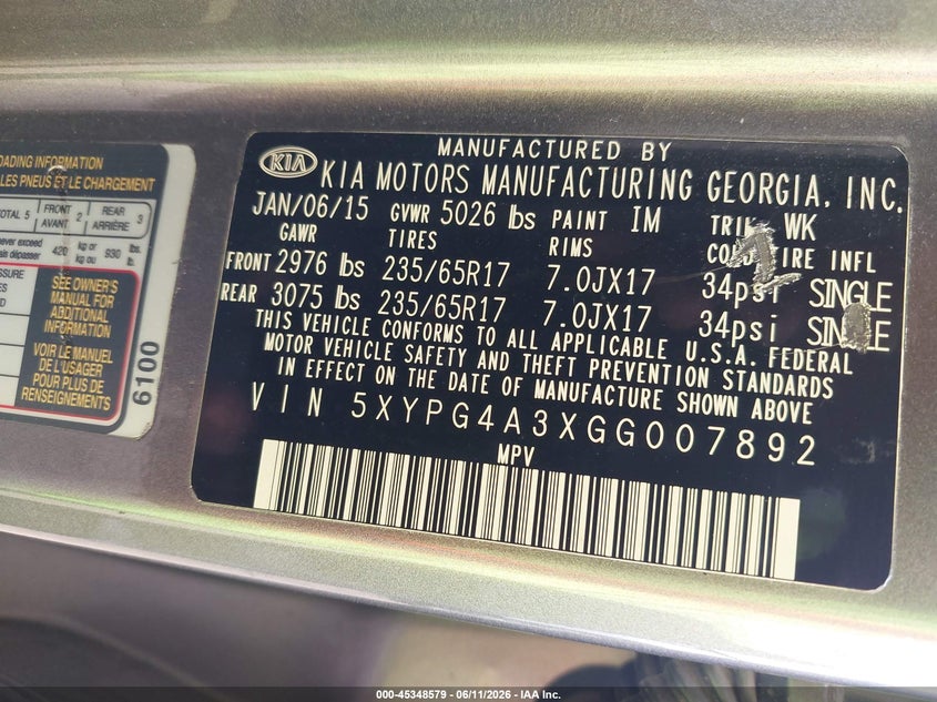 2016 Kia Sorento 2.4L L VIN: 5XYPG4A3XGG007892 Lot: 45348579