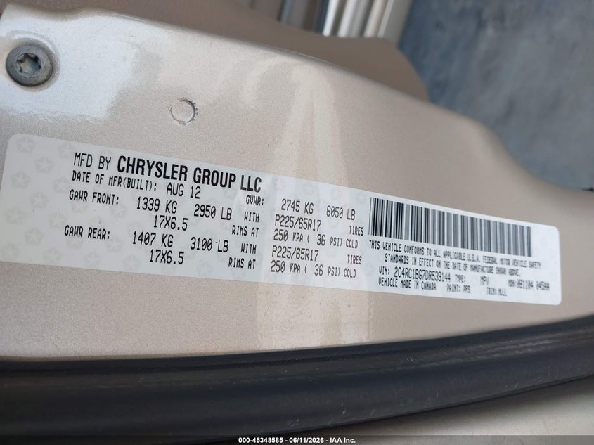 2013 Chrysler Town & Country Touring VIN: 2C4RC1BG7DR539144 Lot: 45348585