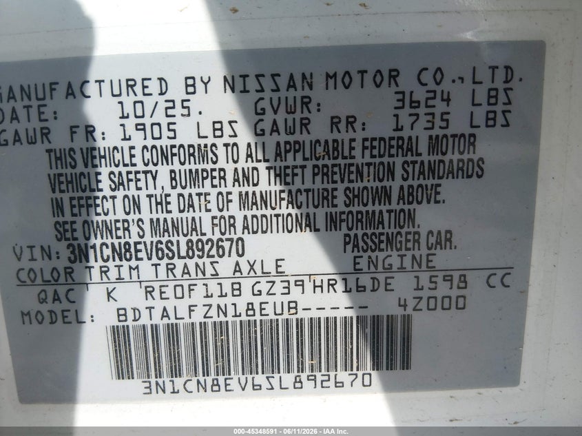 2025 Nissan Versa 1.6 Sv VIN: 3N1CN8EV6SL892670 Lot: 45348591