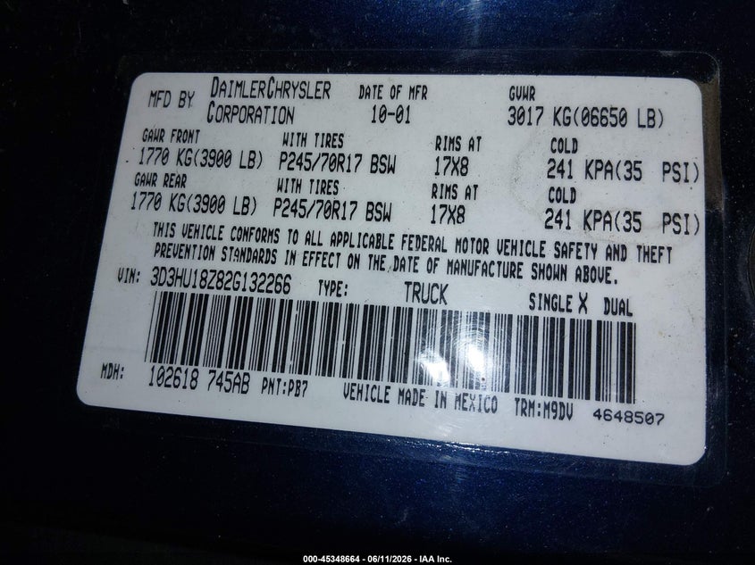 2002 Dodge Ram 1500 St VIN: 3D3HU18Z82G132266 Lot: 45348664