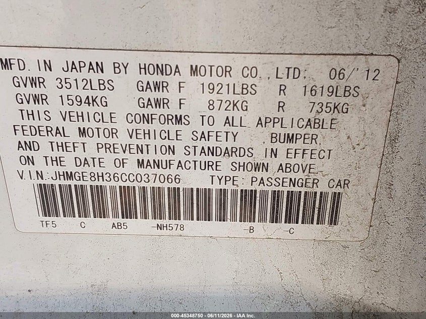 2012 HONDA FIT HATCHBACK 1.5L I-4 VVT, 117HP