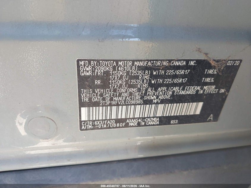 2020 Toyota Rav4 Xle VIN: 2T3P1RFV2LC098985 Lot: 45348787