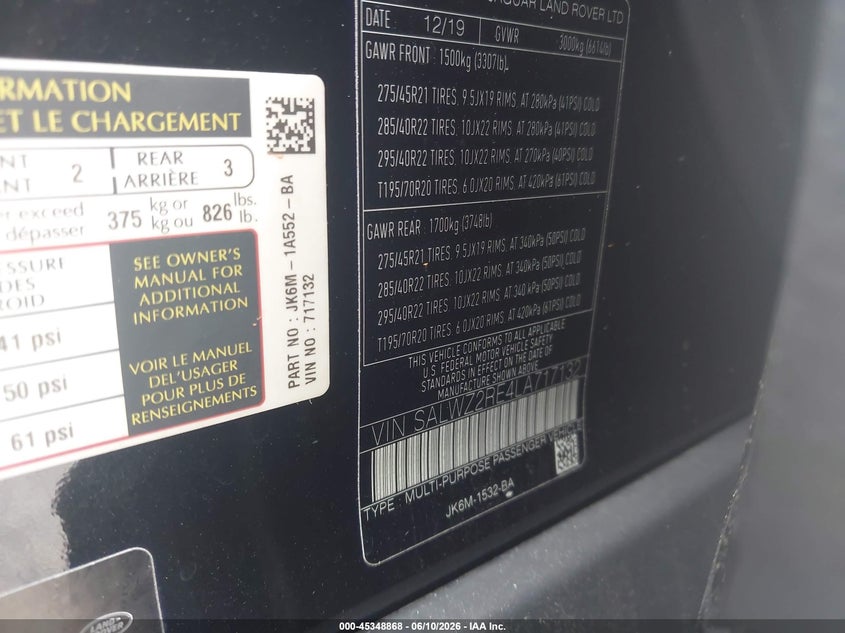 2020 Land Rover Range Rover Sport Svr VIN: SALWZ2RE4LA717132 Lot: 45348868