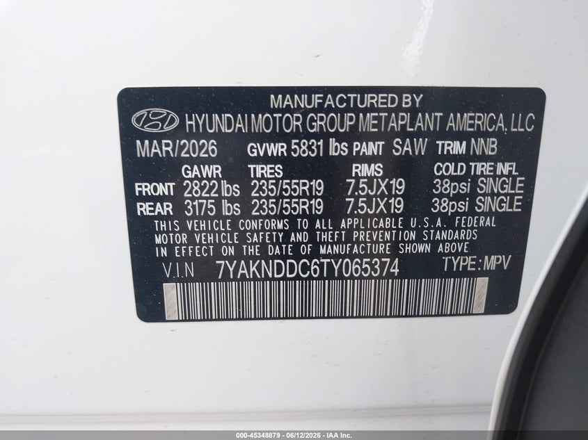 2026 Hyundai Ioniq 5 Sel VIN: 7YAKNDDC6TY065374 Lot: 45348879