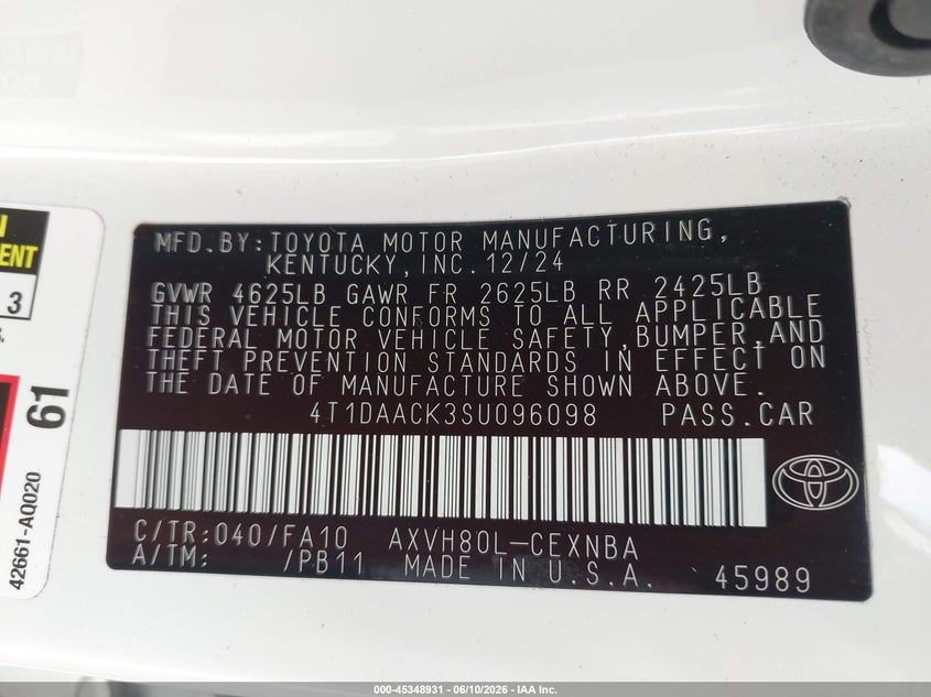 VIN 4T1DAACK3SU096098 2025 TOYOTA CAMRY LE