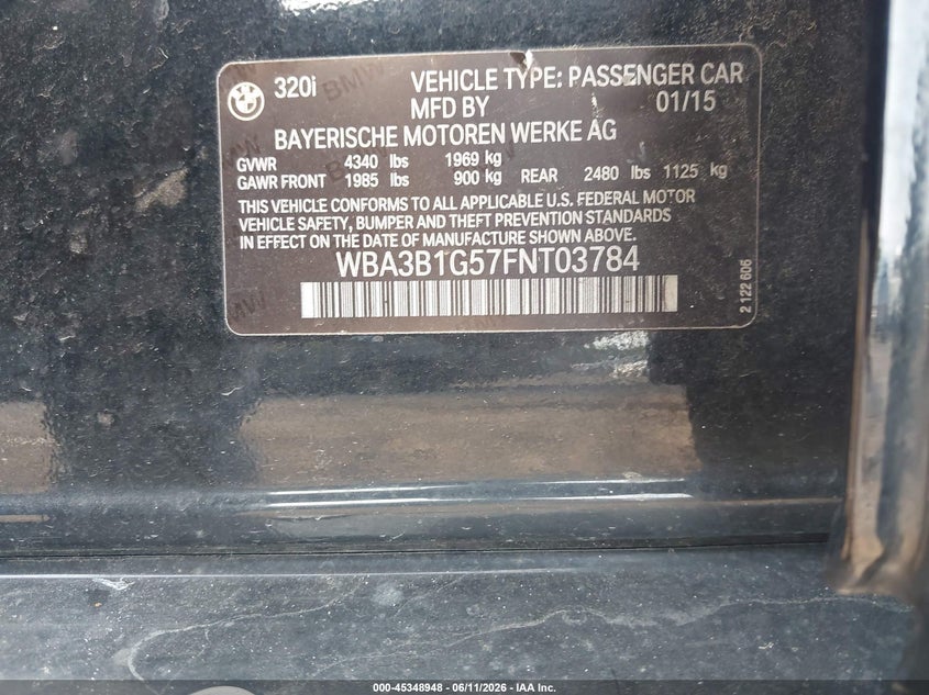 2015 BMW 320I VIN: WBA3B1G57FNT03784 Lot: 45348948