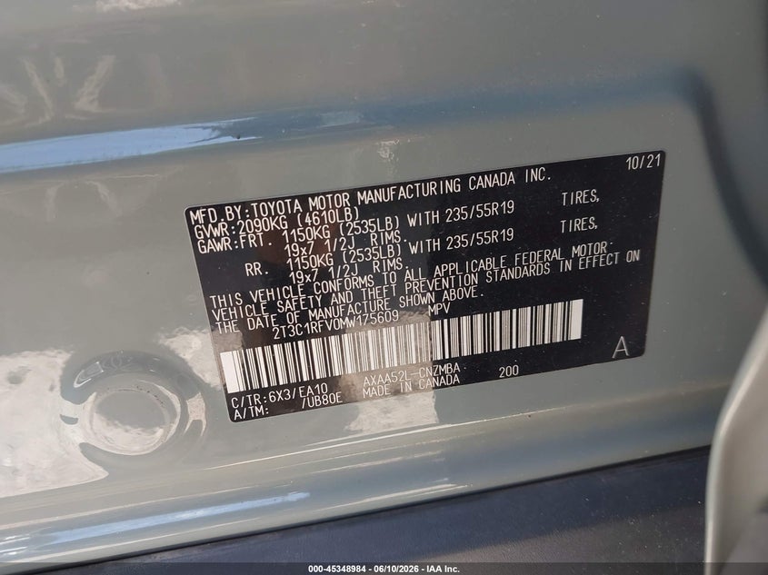 2021 TOYOTA RAV4 2.5L I-4 DI, DOHC, V(VIN: 2T3C1RFV0MW175609