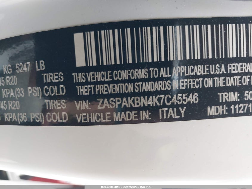 2019 Alfa Romeo Stelvio Ti Lusso Awd VIN: ZASPAKBN4K7C45546 Lot: 45349016