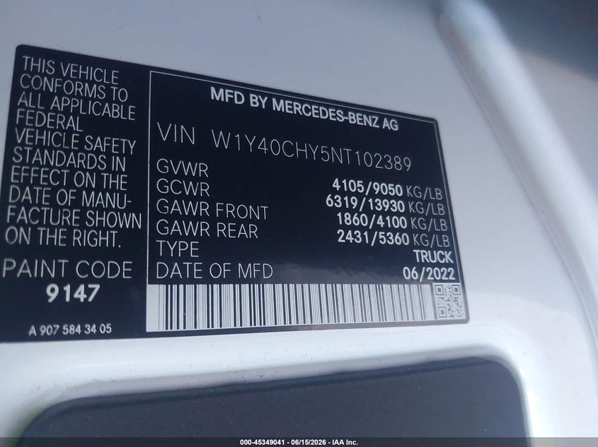 2022 Mercedes-Benz Sprinter 2500 VIN: W1Y40CHY5NT102389 Lot: 45349041