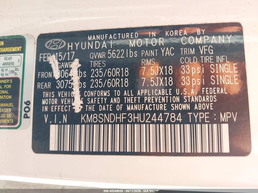HYUNDAI SANTA FE 2017 VIN KM8SNDHF3HU244784