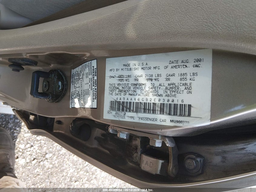 2002 Mitsubishi Galant Es/Ls VIN: 4A3AA46G92E030016 Lot: 45349094
