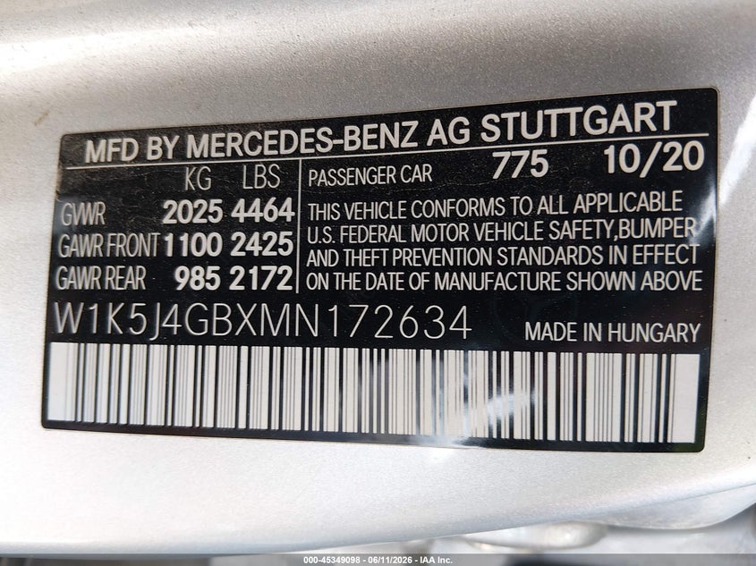 2021 Mercedes-Benz Cla 250 VIN: W1K5J4GBXMN172634 Lot: 45349098