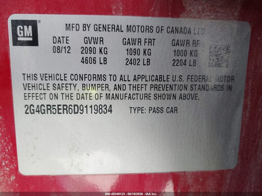 2013 Buick Regal VIN: 2G4GR5ER6D9119834 Lot: 45349123