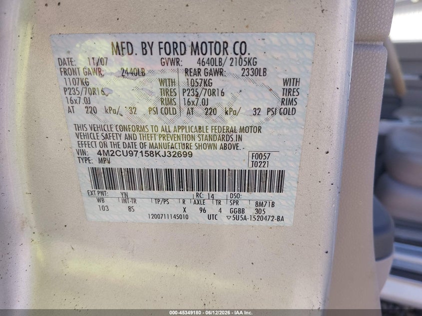 2008 Mercury Mariner Premier VIN: 4M2CU97158KJ32699 Lot: 45349180