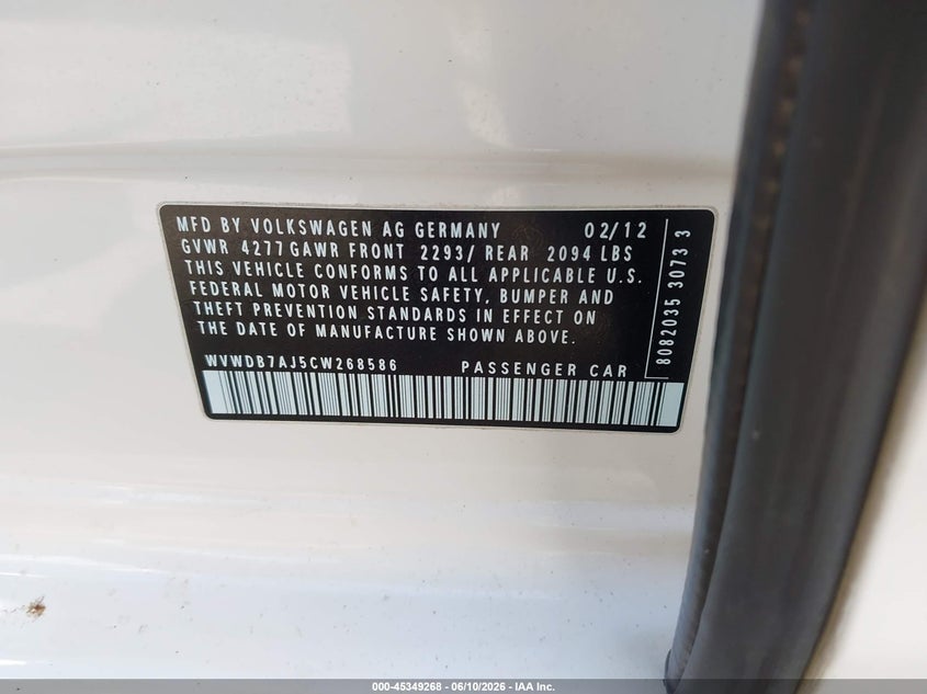 2012 Volkswagen Golf 2.5L 4-Door VIN: WVWDB7AJ5CW268586 Lot: 45349268