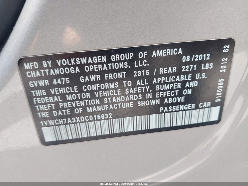 2013 Volkswagen Passat 2.5L Sel VIN: 1VWCH7A3XDC015632 Lot: 45349284