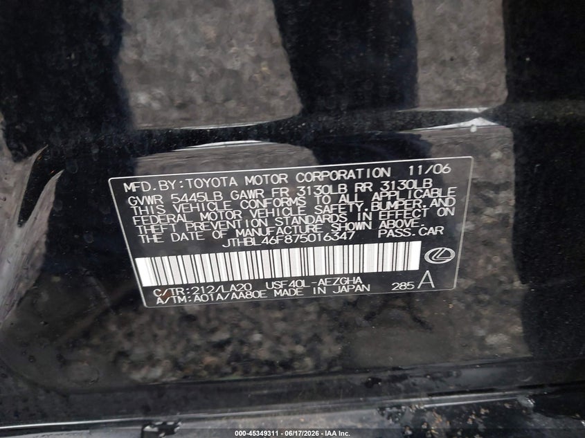 2007 Lexus Ls 460 VIN: JTHBL46F875016347 Lot: 45349311