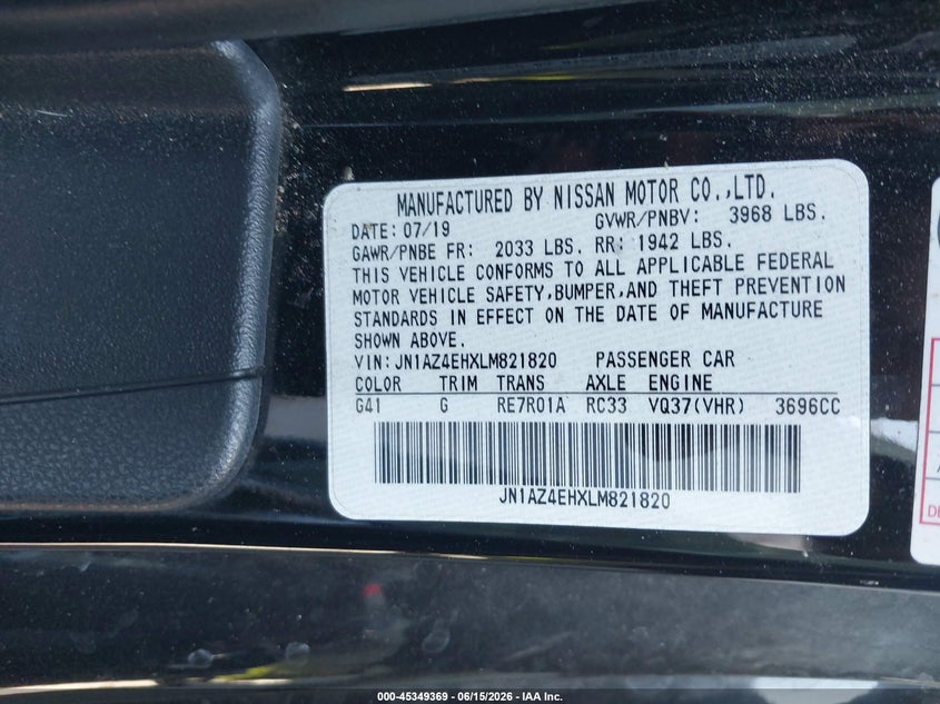 2020 Nissan 370Z Sport Touring 7-Speed Automatic VIN: JN1AZ4EHXLM821820 Lot: 45349369
