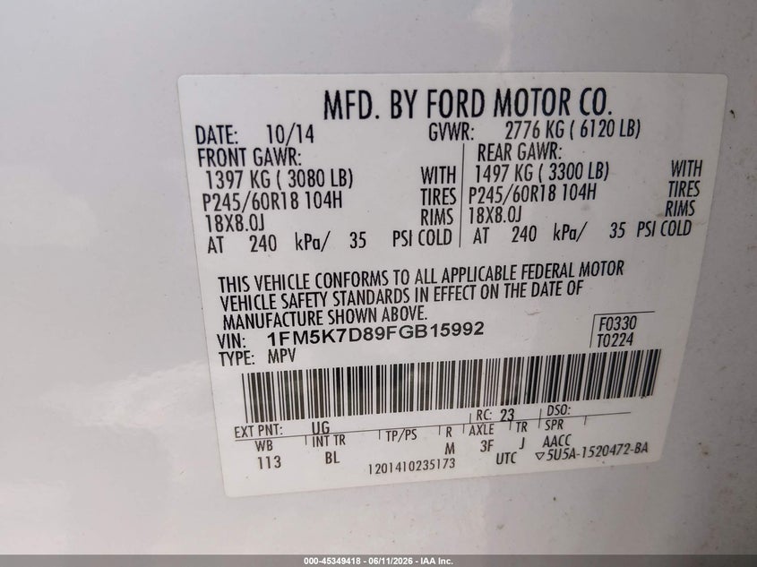 2015 Ford Explorer Xlt VIN: 1FM5K7D89FGB15992 Lot: 45349418