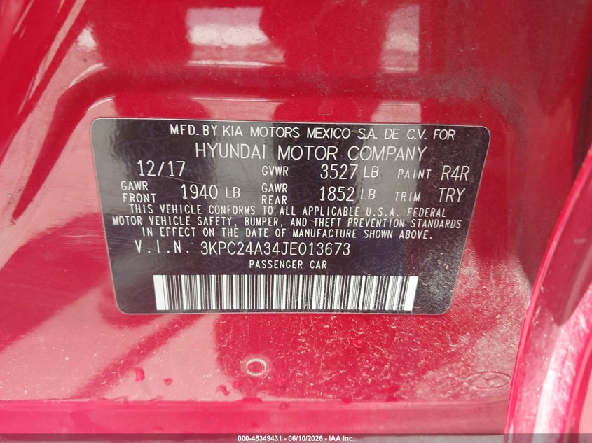 2018 HYUNDAI ACCENT SEDAN 1.6L I-4 DI, DOHC, VVT, 130HP