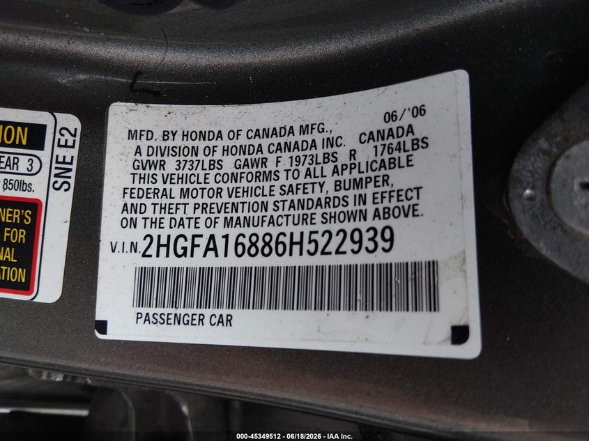 HONDA CIVIC 2006 VIN 2HGFA16886H522939