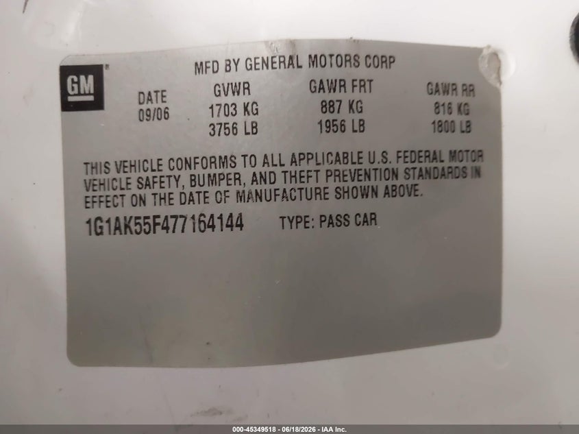 2007 Chevrolet Cobalt Ls VIN: 1G1AK55F477164144 Lot: 45349518