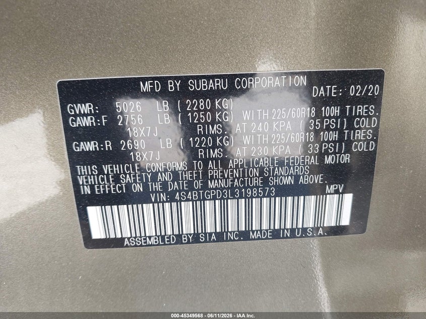 2020 SUBARU OUTBACK SPORT UTILITY VEHICLE 2.4L H-4 DI, DOHC, VVT, TURBO, 260HP