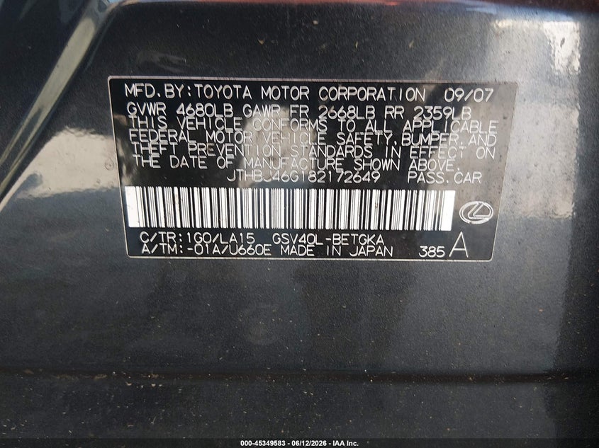 2008 LEXUS ES SEDAN 3.5L V-6 DOHC, VVT, 272HP