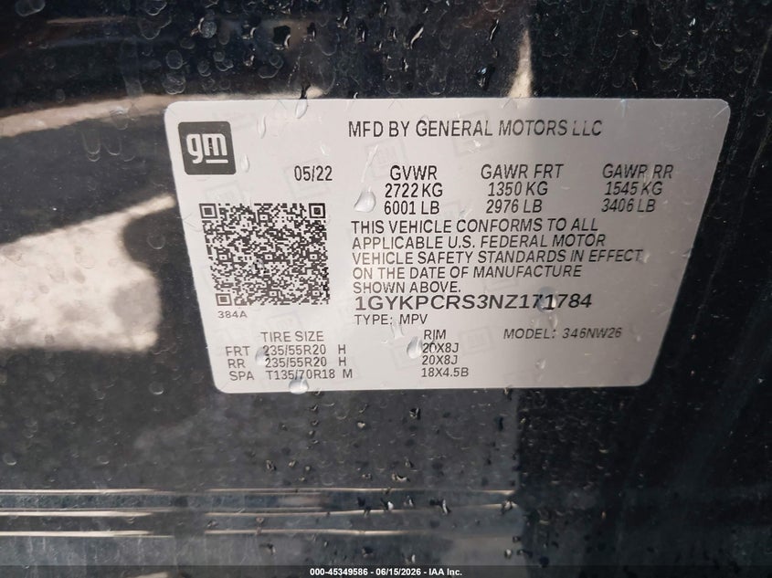 2022 Cadillac Xt6 Fwd Premium Luxury VIN: 1GYKPCRS3NZ171784 Lot: 45349586