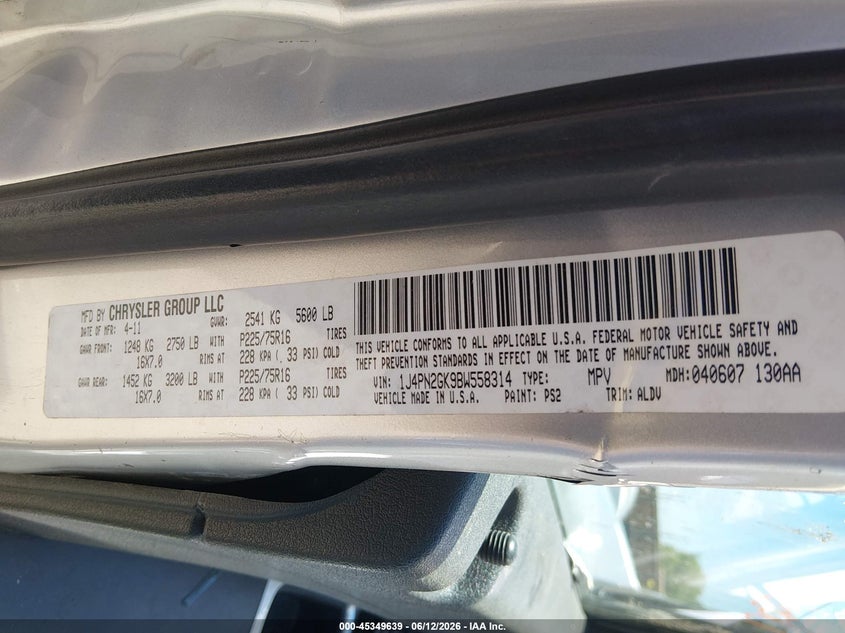 JEEP LIBERTY 2011 VIN 1J4PN2GK9BW558314