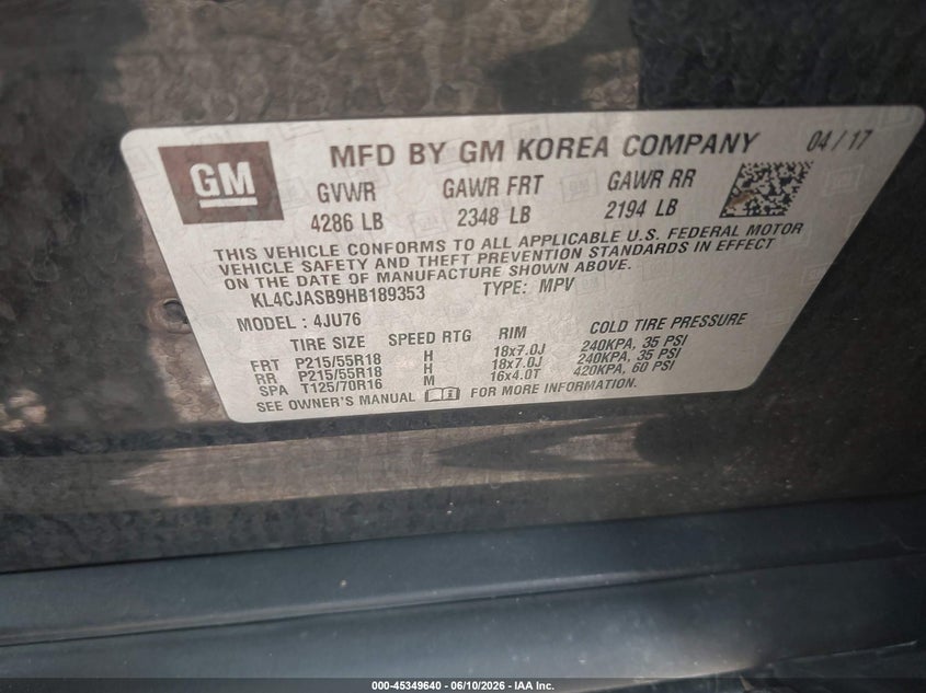 2017 Buick Encore Preferred VIN: KL4CJASB9HB189353 Lot: 45349640