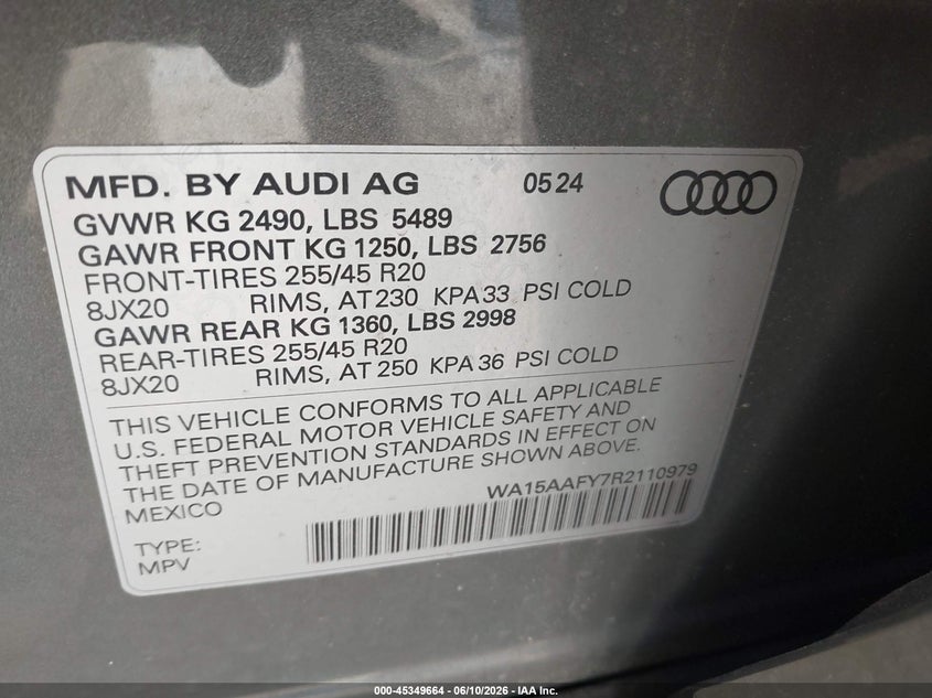 2024 Audi Q5 Sportback Premium Plus 45 Tfsi S Line Quattro S Tronic VIN: WA15AAFY7R2110979 Lot: 45349664