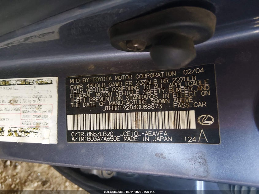 LEXUS IS 300 2004 VIN JTHBD192840088873