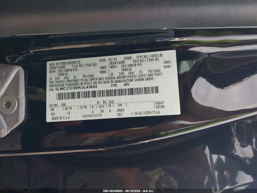 2019 Lincoln Mkc Standard VIN: 5LMCJ1C90KUL43602 Lot: 45349689