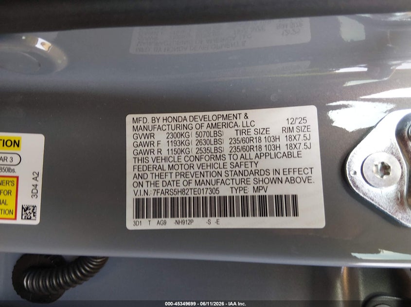 VIN 7FARS5H82TE017305 2026 HONDA CR-V HYBRID 2WD SPORT-L