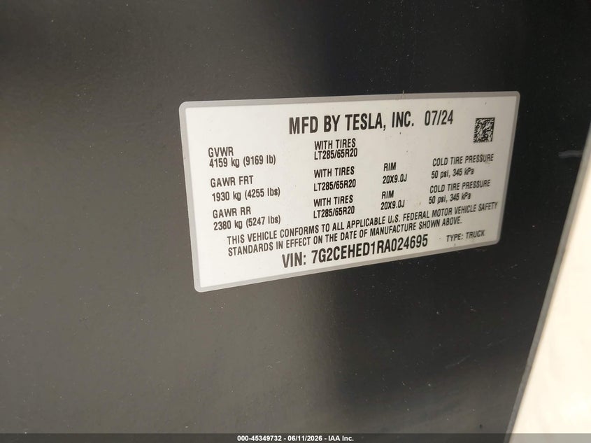 2024 Tesla Cybertruck All-Wheel Drive VIN: 7G2CEHED1RA024695 Lot: 45349732