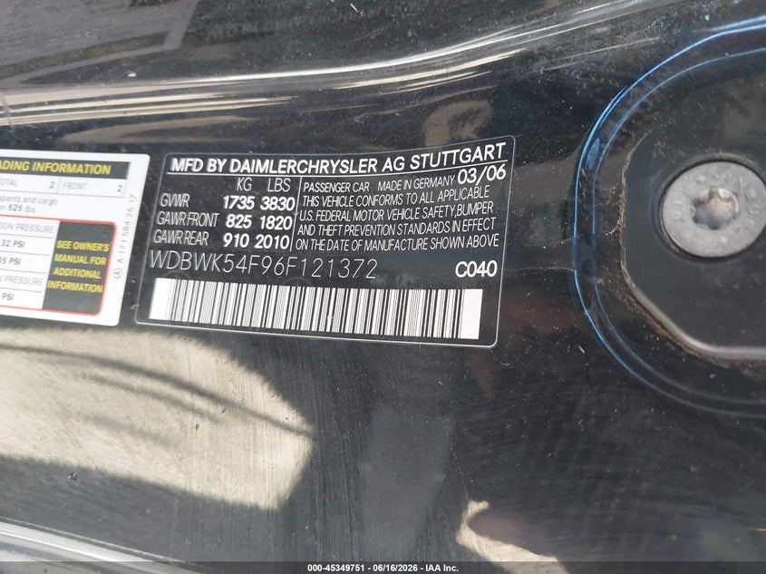 2006 Mercedes-Benz Slk 280 VIN: WDBWK54F96F121372 Lot: 45349751