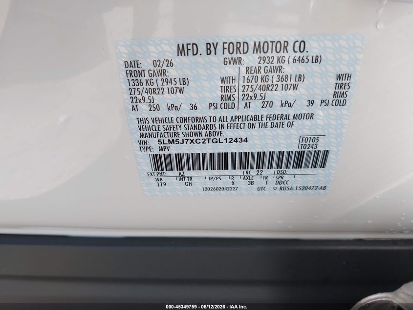 2026 Lincoln Aviator Reserve VIN: 5LM5J7XC2TGL12434 Lot: 45349759
