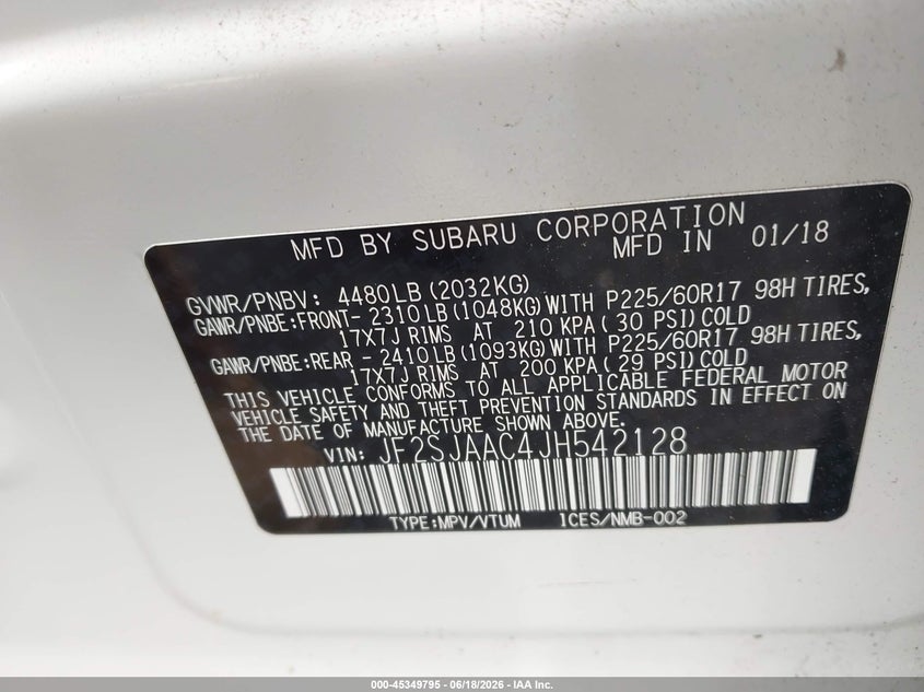 SUBARU FORESTER 2018 VIN JF2SJAAC4JH542128