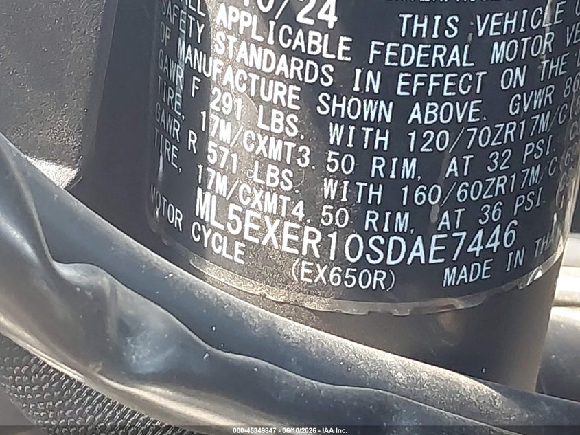 2025 Kawasaki Ex650 R VIN: ML5EXER10SDAE7446 Lot: 45349847