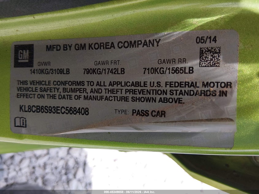 2014 Chevrolet Spark Ls Auto VIN: KL8CB6S93EC568408 Lot: 45349858