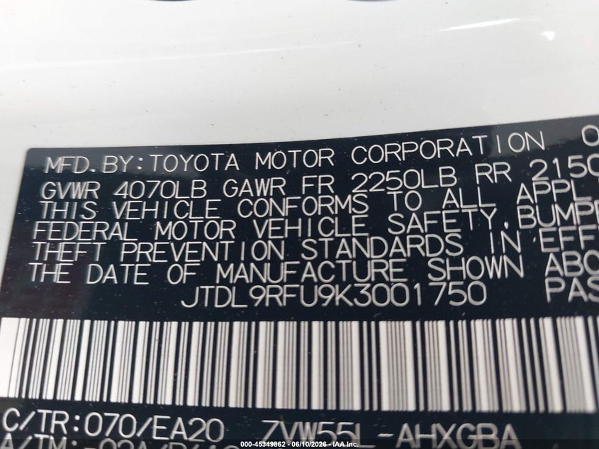 TOYOTA PRIUS 2019 VIN JTDL9RFU9K3001750