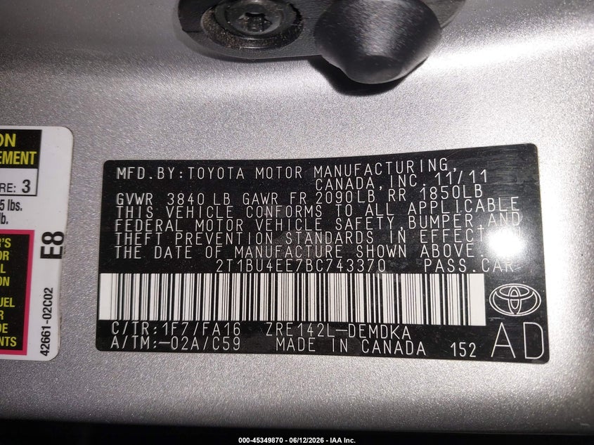 2011 TOYOTA COROLLA SEDAN 1.8L I-4 DOHC, VVT, 132HP
